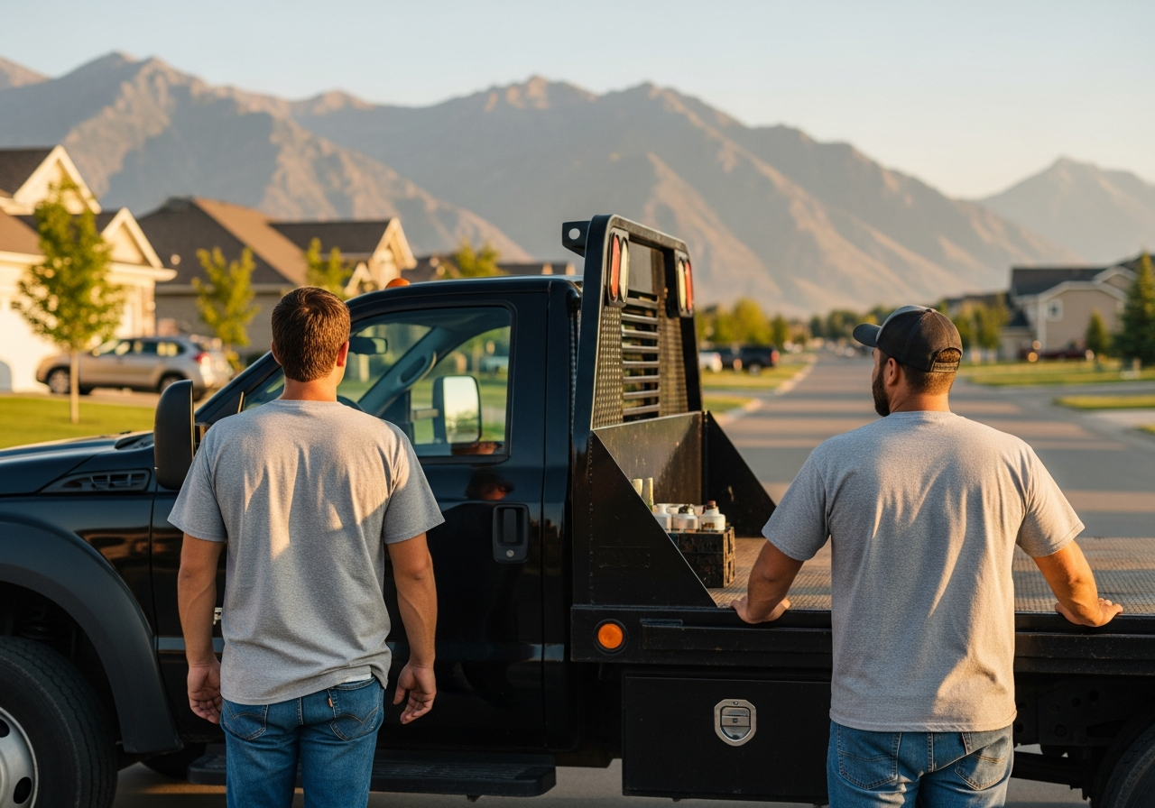 Mountain West crew and truck in front of the Utah mountains